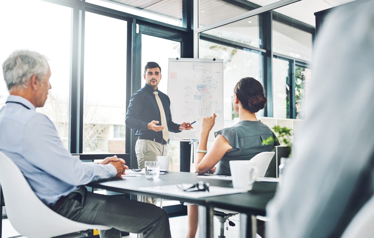 Presentation,,Stats,Or,Businessman,By,Board,For,Talking,,Growth,Or
